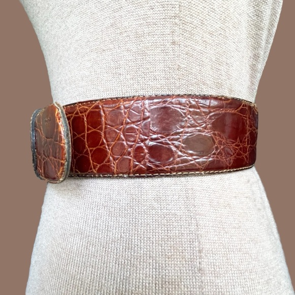VTG Johnny Farah Wide Waist Oversized Cognac Brown Croc Embossed Leather Belt S - Picture 3 of 15